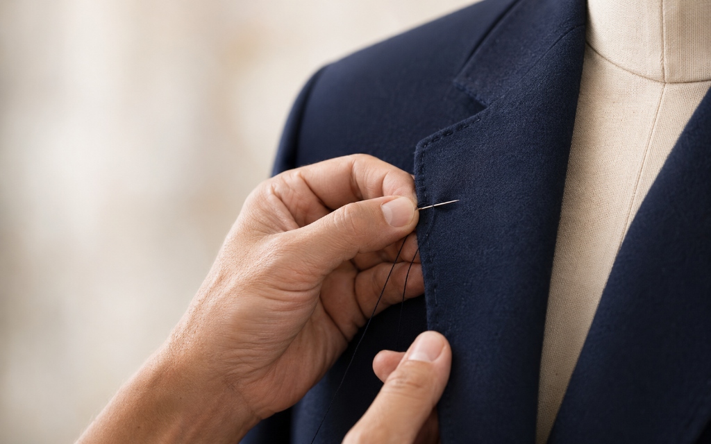 Master Tailor Hand Sewing Navy Suit Lapel